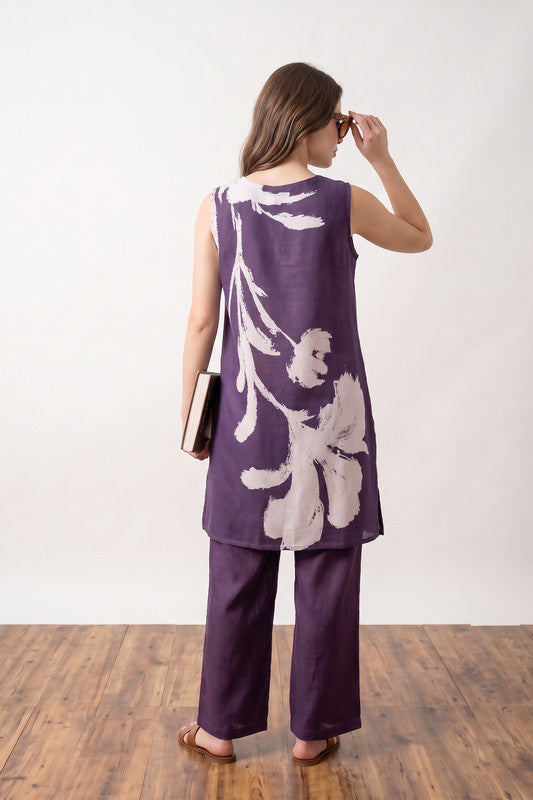 Purple Floral Printed Brushstroke Sleeveless Resort Wear Russian Silk Co-Ord Set