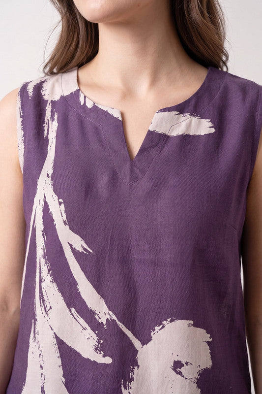 Purple Floral Printed Brushstroke Sleeveless Resort Wear Russian Silk Co-Ord Set