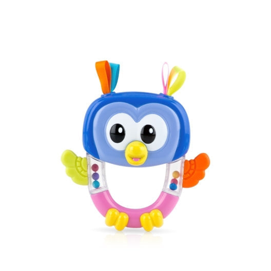 The Nuby Rattle Pals Teething Toy | Owl features a blue head, big eyes, yellow beak, orange and yellow wings, pink handle, and colorful beads in clear sections, set against a white background.