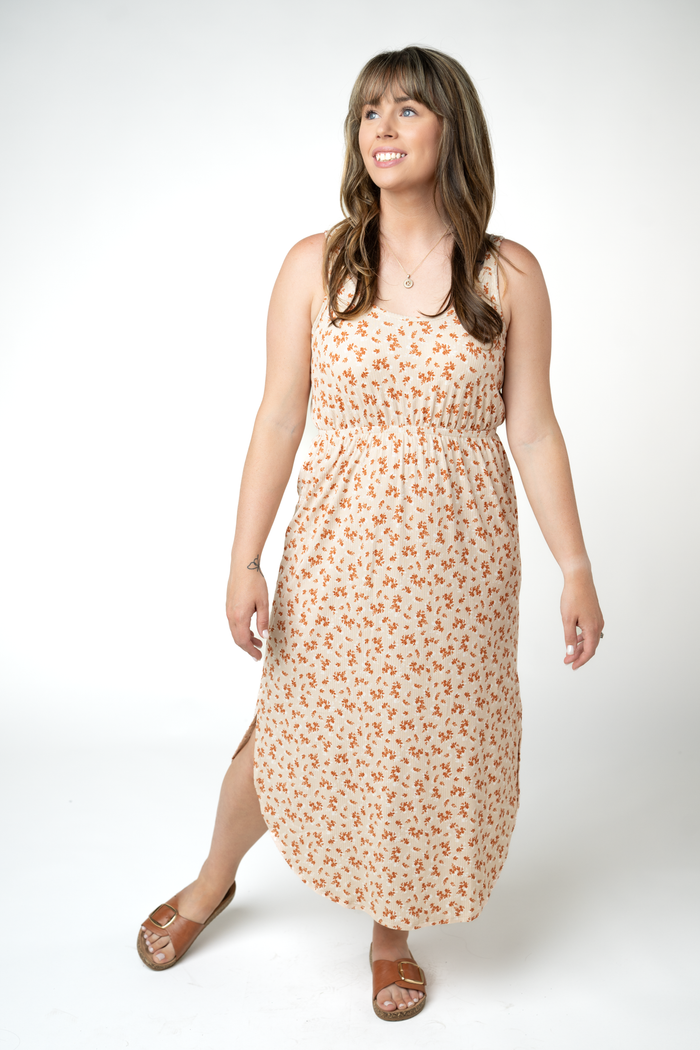 Reagan Ribbed Midi Dress - Sand and Rust Floral by Michelle Mae