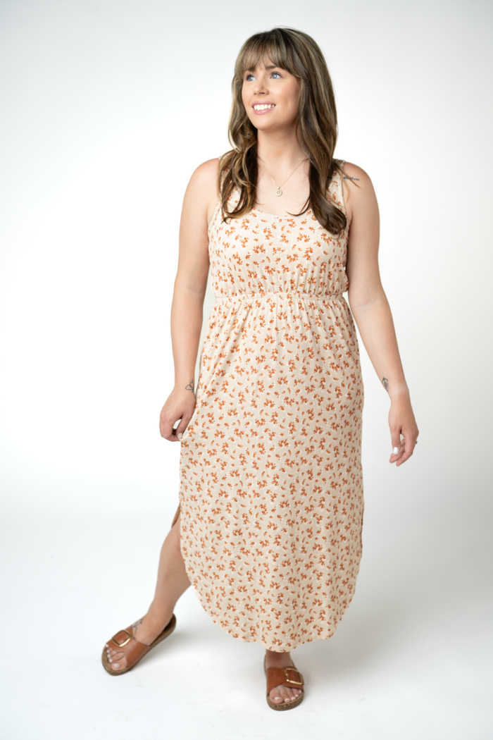 Reagan Ribbed Midi Dress - Sand and Rust Floral by Michelle Mae