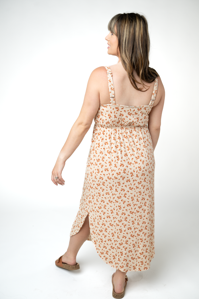 Reagan Ribbed Midi Dress - Sand and Rust Floral by Michelle Mae