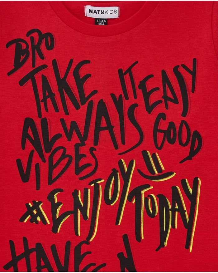 Red long-sleeve t-shirt for boys with graphic message