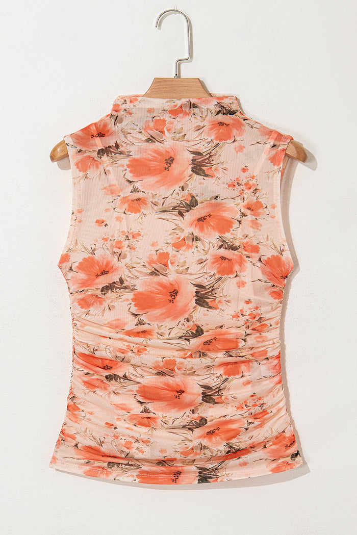 Red Mesh Floral Printed Slim Fit Tank Top - Tops/Tops & Tees