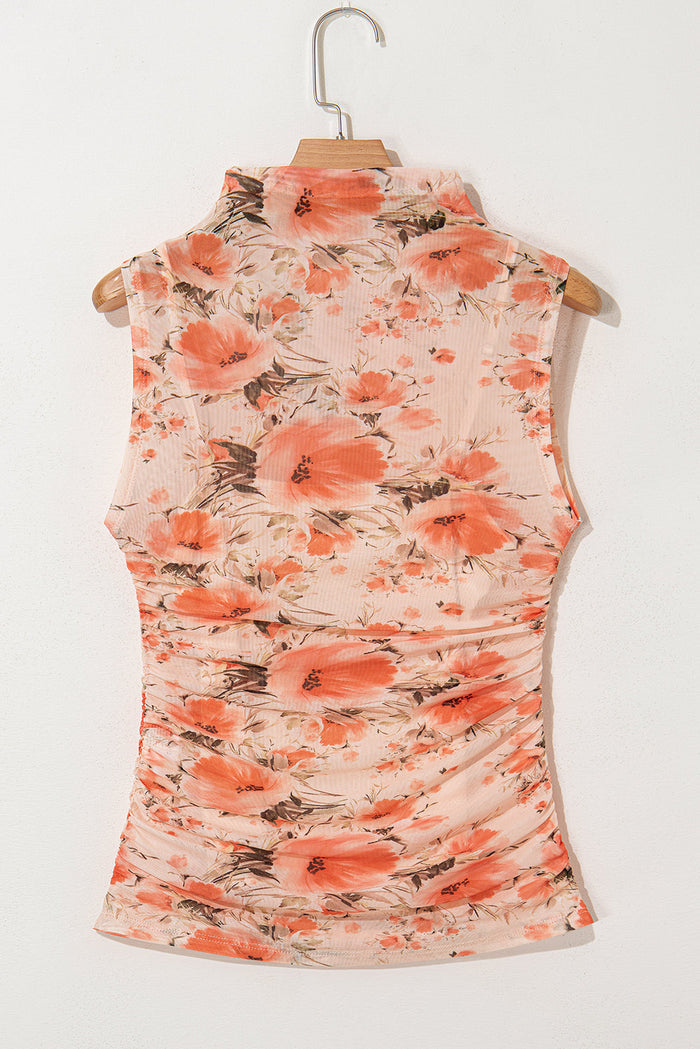 Red Mesh Floral Printed Slim Fit Tank Top - Tops/Tops & Tees