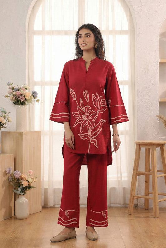 Red Statement Floral Printed Cotton Co-ord Set