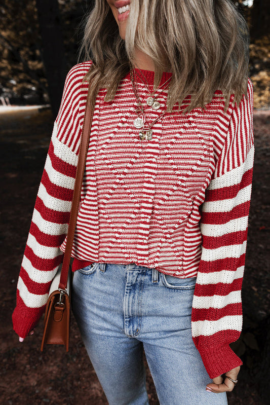 Red Stripe Geometric Textured Drop Shoulder Sweater - S / 60% Cotton + 40% Acrylic - Sweaters & Cardigans/Sweaters