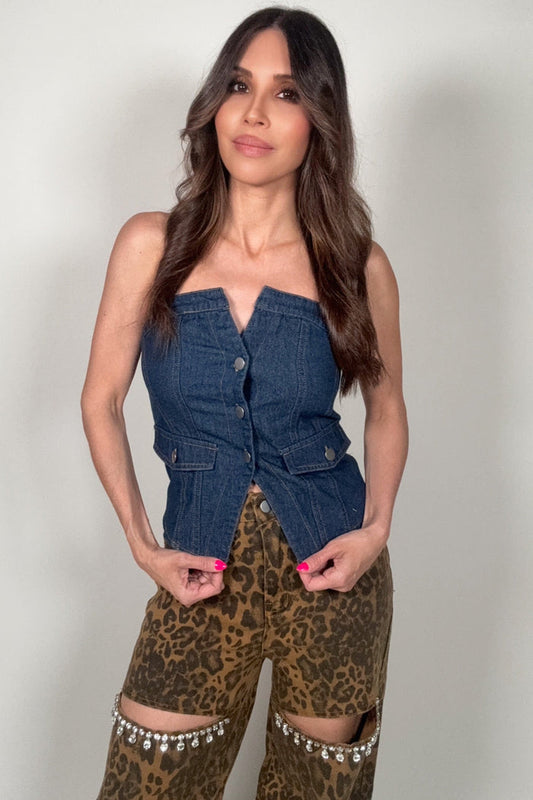 Style the Retro Strapless Button Denim Corset Top exclusively at Born To Glam