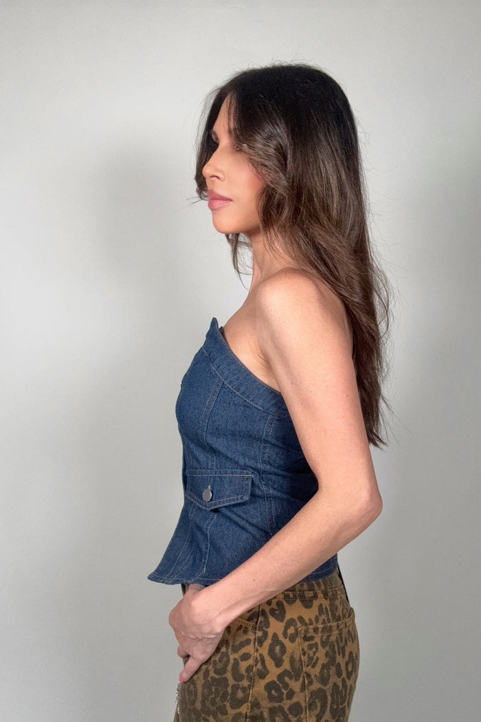 Style the Retro Strapless Button Denim Corset Top exclusively at Born To Glam