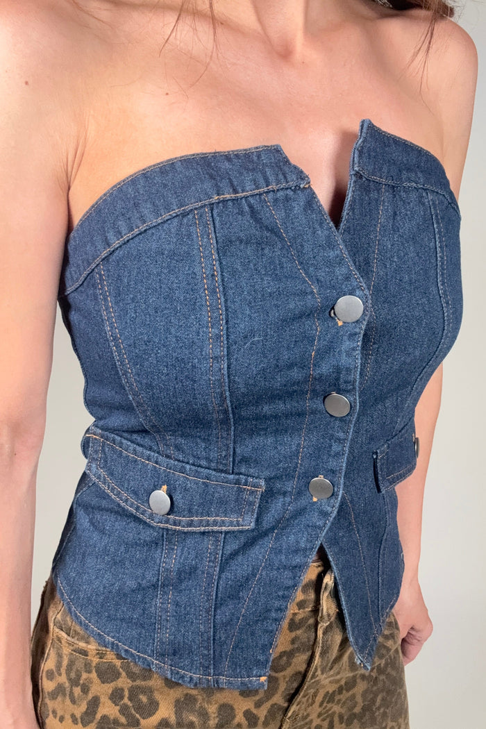 Style the Retro Strapless Button Denim Corset Top exclusively at Born To Glam