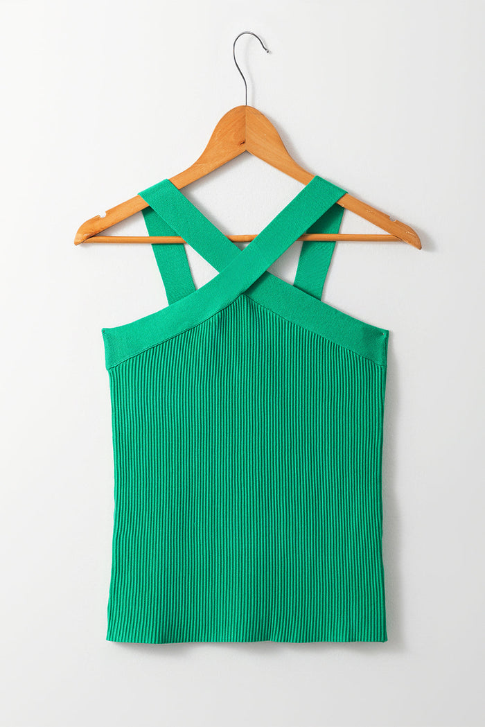 Dark Green Ribbed Criss Cross Halter Neck Sheath Sweater Tank Top - Sweaters & Cardigans/Sweater Vests