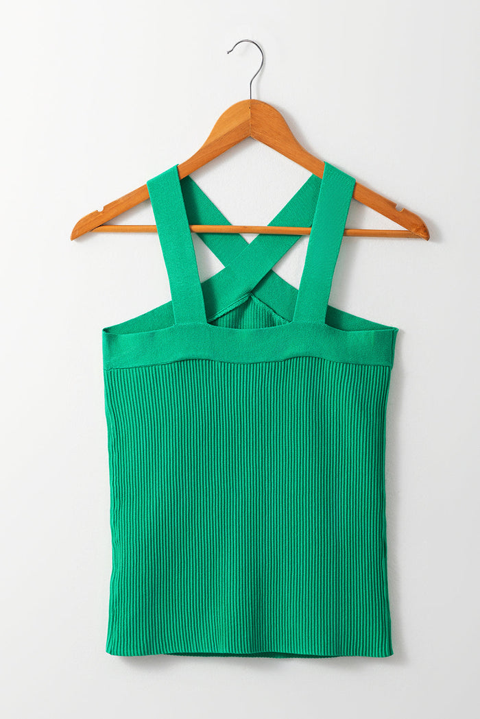 Dark Green Ribbed Criss Cross Halter Neck Sheath Sweater Tank Top - Sweaters & Cardigans/Sweater Vests