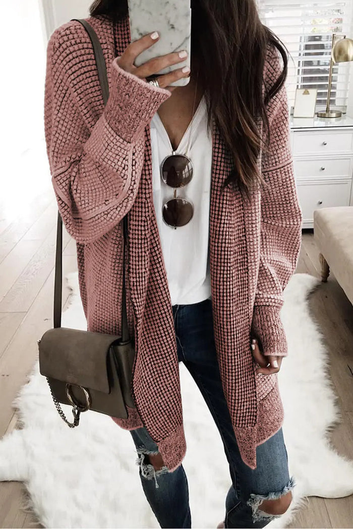 Rose Plaid Knitted Long Open Front Cardigan - Pink / S / 65% Acrylic + 35% Polyester - Sweaters & Cardigans/Cardigans