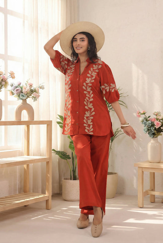 Rust Leaf Embroidered Cotton Co-ord Set with Puff Sleeves