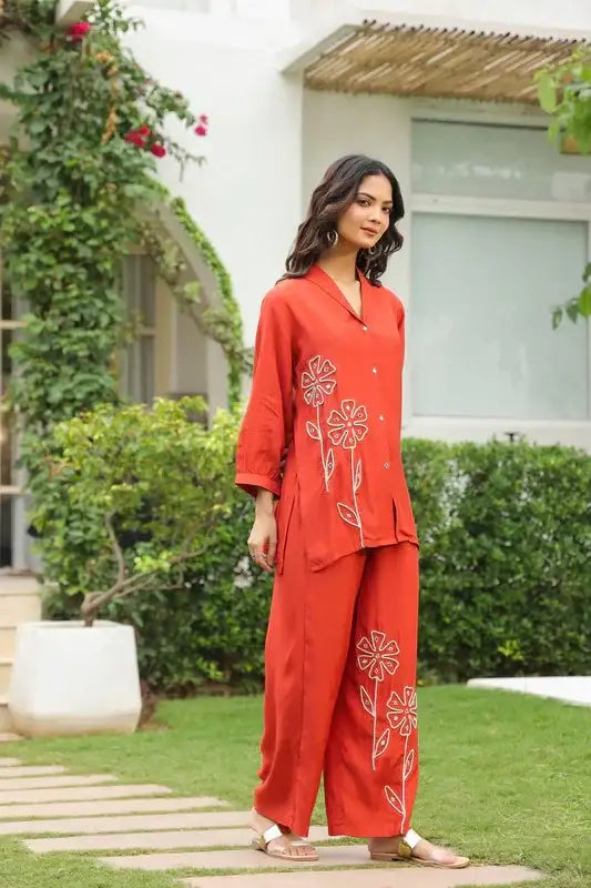 Rusty Bloom Embroidered Muslin Co-ord Set
