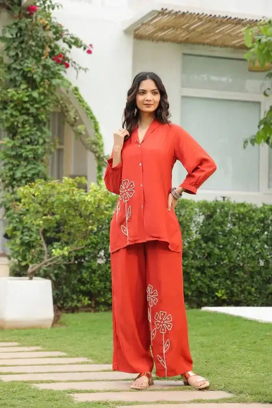 Rusty Bloom Embroidered Muslin Co-ord Set