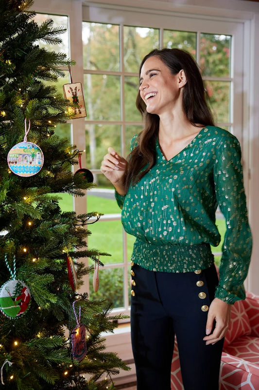 Sail To Sable Smocked Waist Top - Hunter Clip Dot