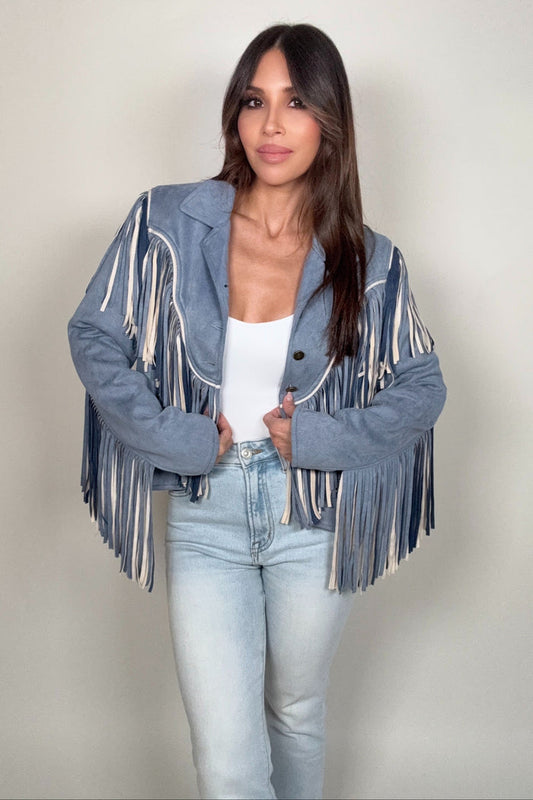 Style the Saints & Hearts Faux Suede 2 Tone Fringe Jacket exclusively at Born To Glam