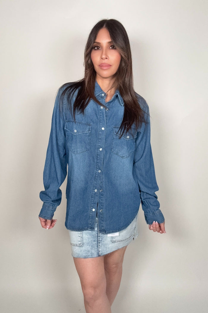 Style the Saints & Hearts Western Snap Button Medium Denim Shirt exclusively at Born To Glam