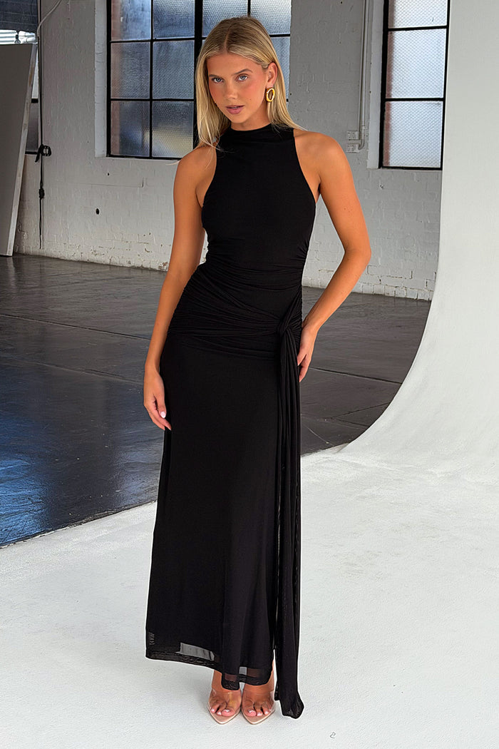 Sasha High Neck Mesh Maxi Dress - Black
