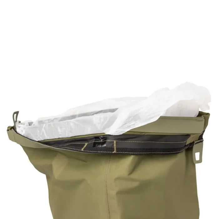 Close up pf a Sea To Summit Trash Dry in 10 litres brown showning the opening  with a bin liner installed on a white background