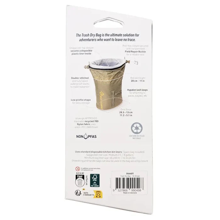 Sea To Summit Trash Dry in 10 litres brown rear packaging details on a white background