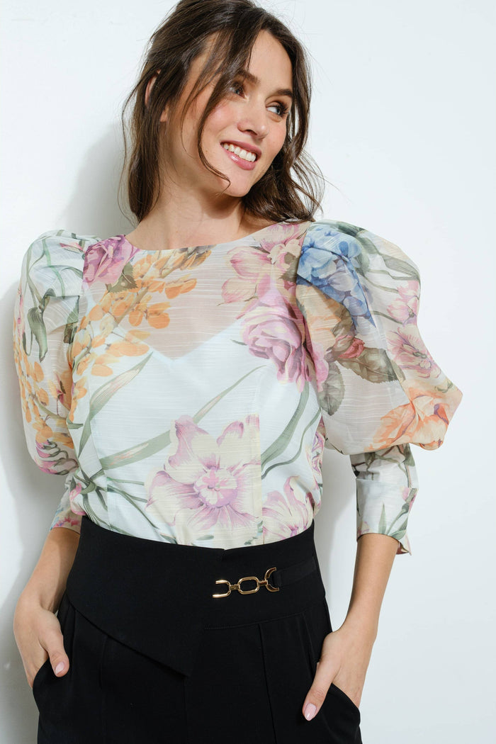 Style the Sheer Floral Puff-Sleeve Blouse exclusively at Born To Glam