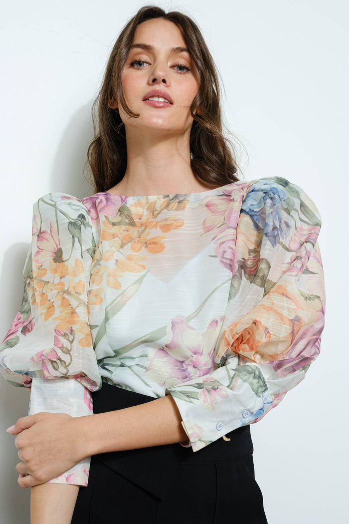 Style the Sheer Floral Puff-Sleeve Blouse exclusively at Born To Glam