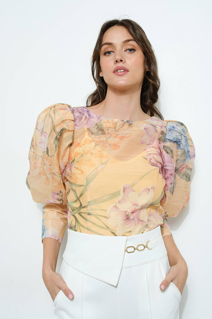Style the Sheer Floral Puff-Sleeve Blouse exclusively at Born To Glam