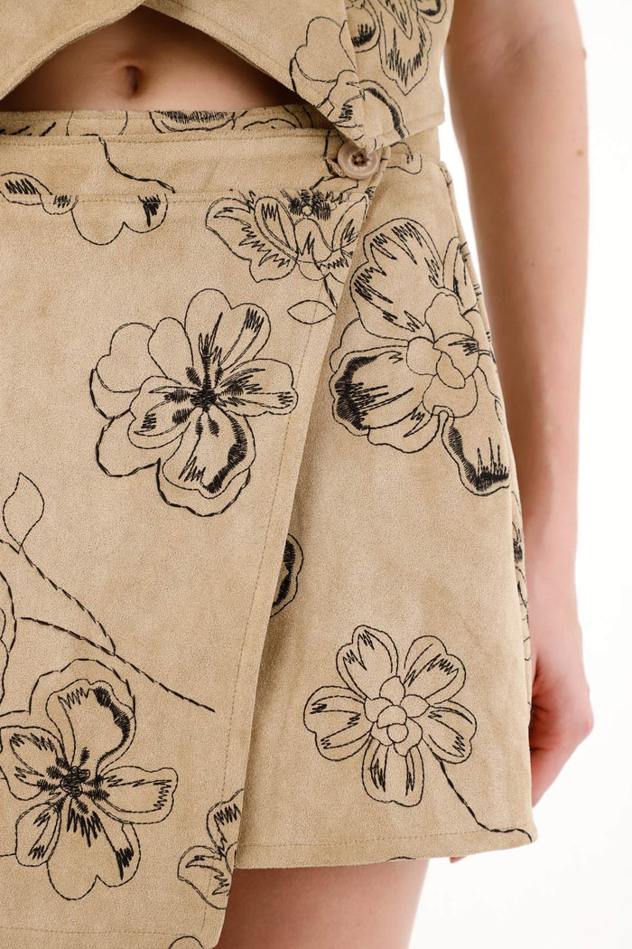 Short Suede Skirt with Floral Design for Women