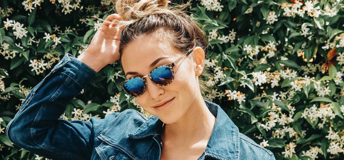 Shwood Ainsworth Blue Nebula Gold Flash Polarized sunglasses on model
