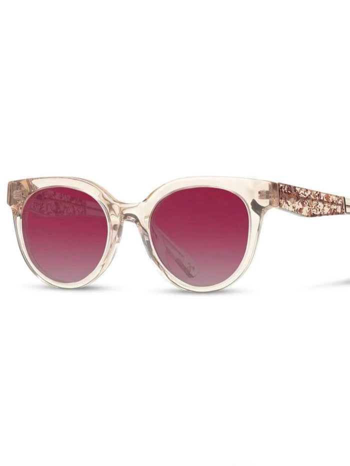 A pair of rose-colored sunglasses with champagne-colored frames and floral patterns on the arms.