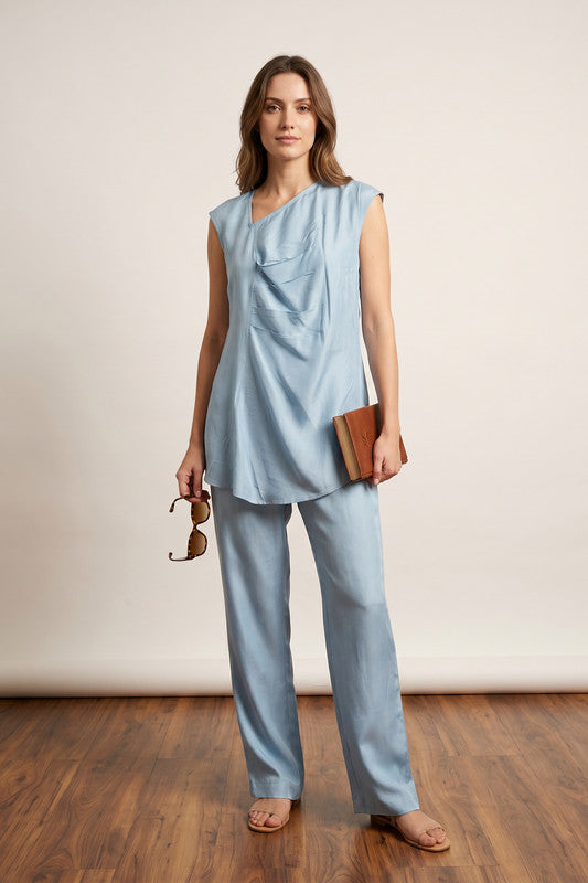 Sky Blue Chic Monochrome Sleeveless Tunic with Straight Pants Solid Russian Co-ord Set