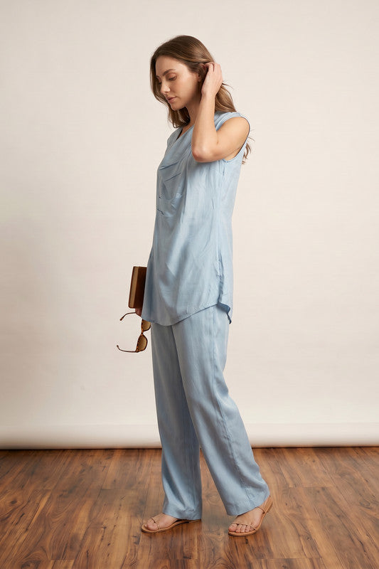 Sky Blue Chic Monochrome Sleeveless Tunic with Straight Pants Solid Russian Co-ord Set
