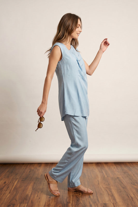 Sky Blue Chic Monochrome Sleeveless Tunic with Straight Pants Solid Russian Co-ord Set