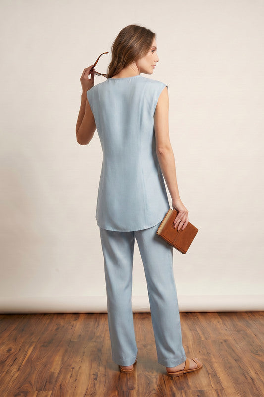 Sky Blue Chic Monochrome Sleeveless Tunic with Straight Pants Solid Russian Co-ord Set