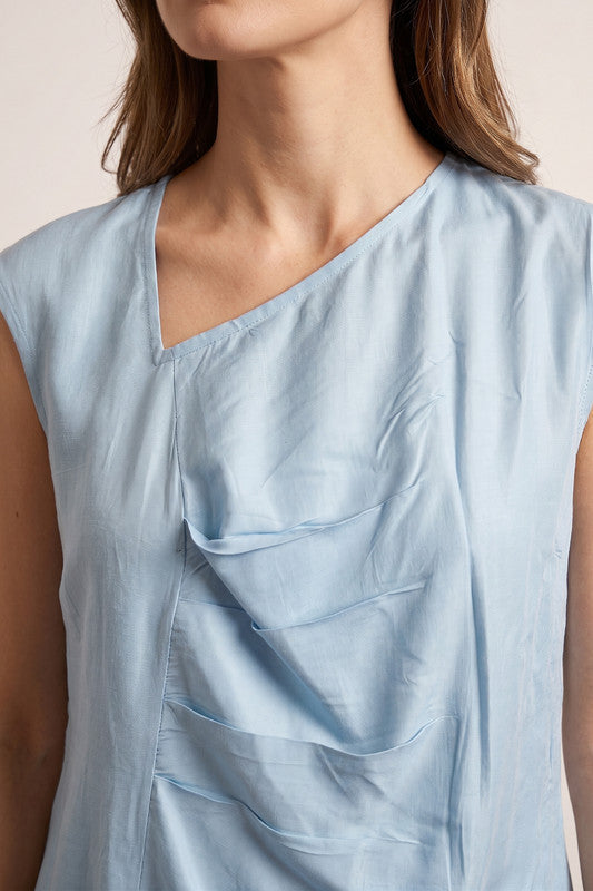 Sky Blue Chic Monochrome Sleeveless Tunic with Straight Pants Solid Russian Co-ord Set