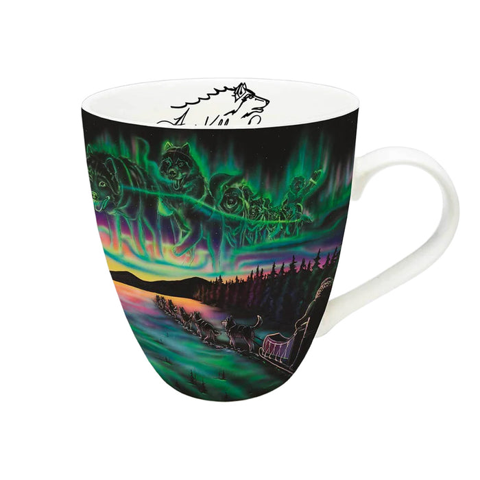 Mug with a design of a reindeer sleigh and Northern Lights on a white background