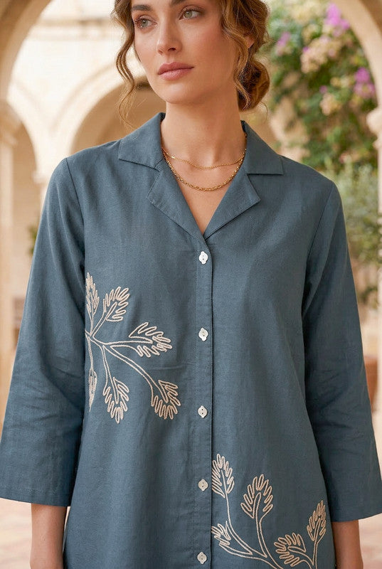Slate Grey Floral Embroidered Cotton Co-ord Set with Shirt Collar