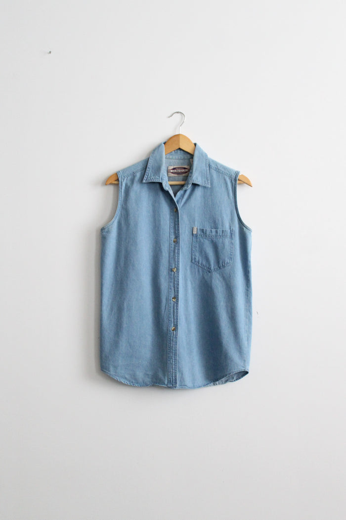sleeveless denim button up