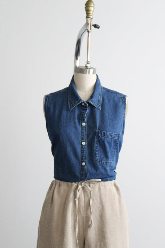 sleeveless denim button up