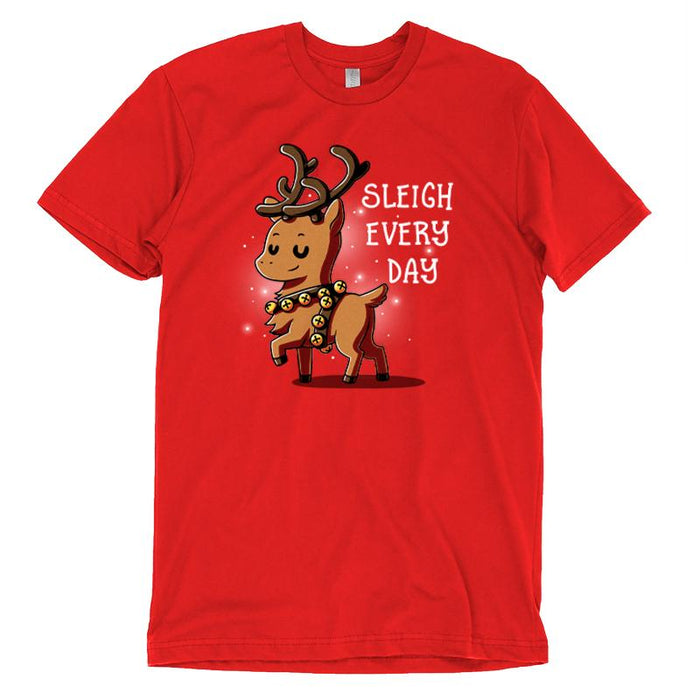 Premium Cotton T-shirt_TeeTurtle Sleigh Every Day red apparel featuring a sassy reindeer wearing bell harness with a Christmas pun next to it.