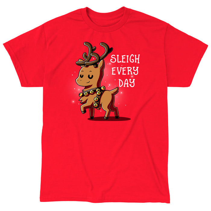 Classic Cotton T-shirt_TeeTurtle Sleigh Every Day red apparel featuring a sassy reindeer wearing bell harness with a Christmas pun next to it.