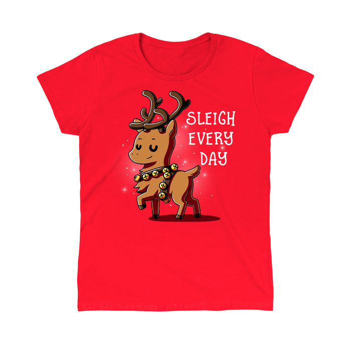 Classic Cotton T-shirt_TeeTurtle Sleigh Every Day red apparel featuring a sassy reindeer wearing bell harness with a Christmas pun next to it.