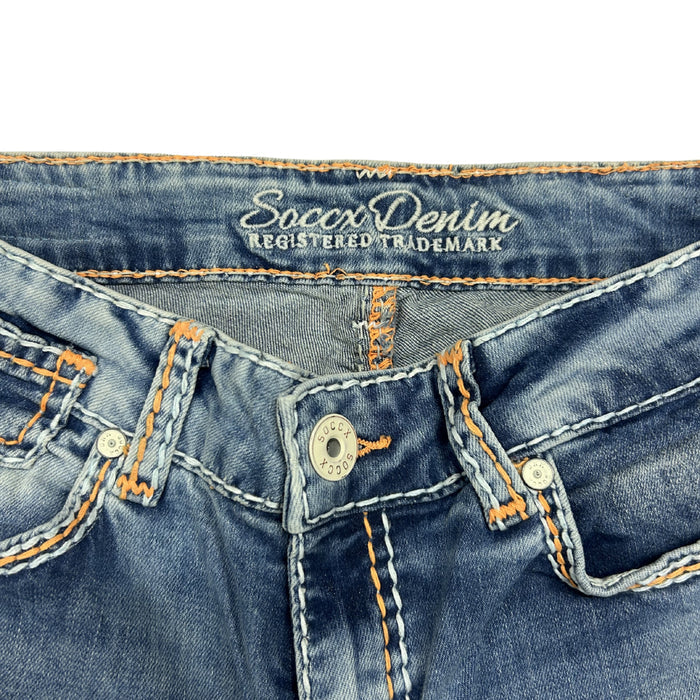 Soccx Denim Straight Leg Jeans – Medium Wash s Oranžovým Prošíváním