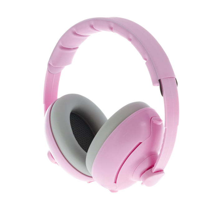 Soft Sounds 2-in-1 Noise Cancelling Earmuffs in pink are shown with gray ear cushions on a white background. Adjustable, padded headband and ear cups offer comfort, making them ideal noise cancelling or kids earmuffs for hearing protection.