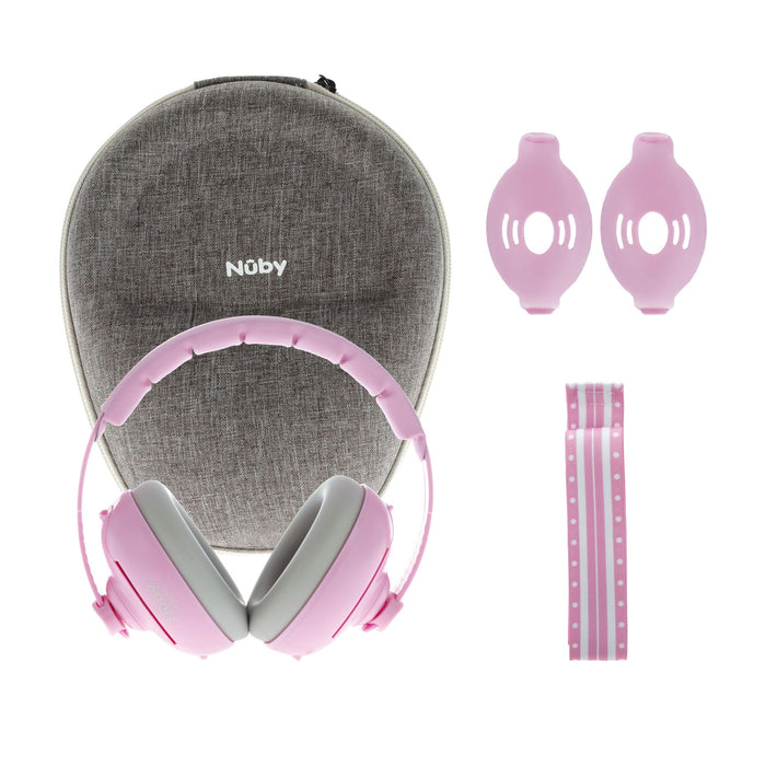The Soft Sounds 2-in-1 Noise Cancelling Earmuffs | Pink for kids include a grey carrying case, two pink ear covers, and a pink-and-white striped cable, all displayed on a white background.