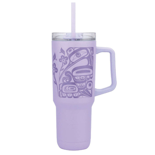Spirit Messenger Insulated Tumbler in purple featuring Indigenous art, with ergonomic handle and straw.