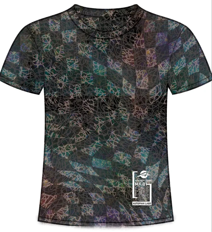A short-sleeve crewneck t-shirt featuring an all-over abstract geometric pattern in black, gray, and iridescent multicolor lines. A white brand label for 'Microd' by 'Essentials Lab' is visible near the lower right hem.
