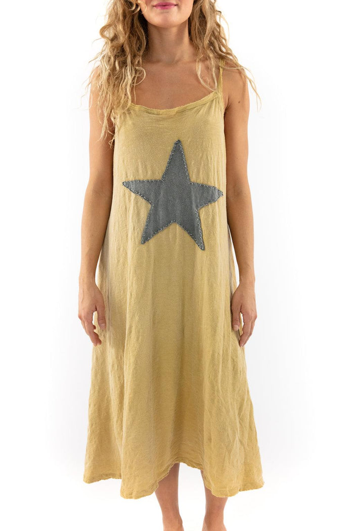 Magnolia Pearl artisan yellow midi dress with large gray star, vintage whimsical style